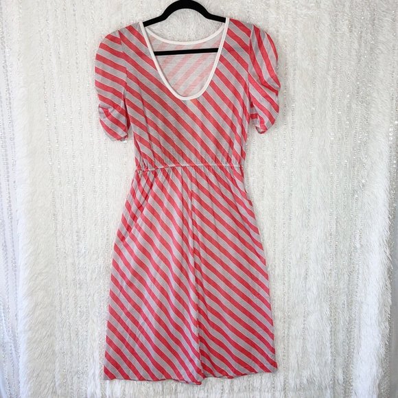 Vintage 80s Timely Trends Sheath Dress Size 9 MEDIUM Red Gray Stripe Puff Sleeve - Picture 2 of 10